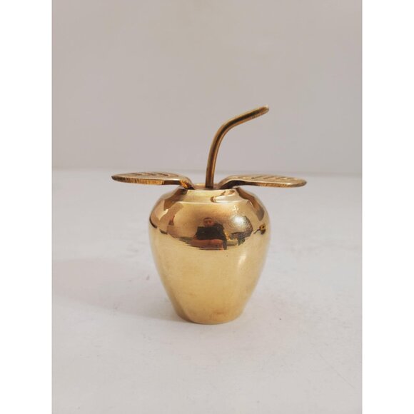 Small Vintage Brass Apple with Stem and Leaf - Picture 1 of 10